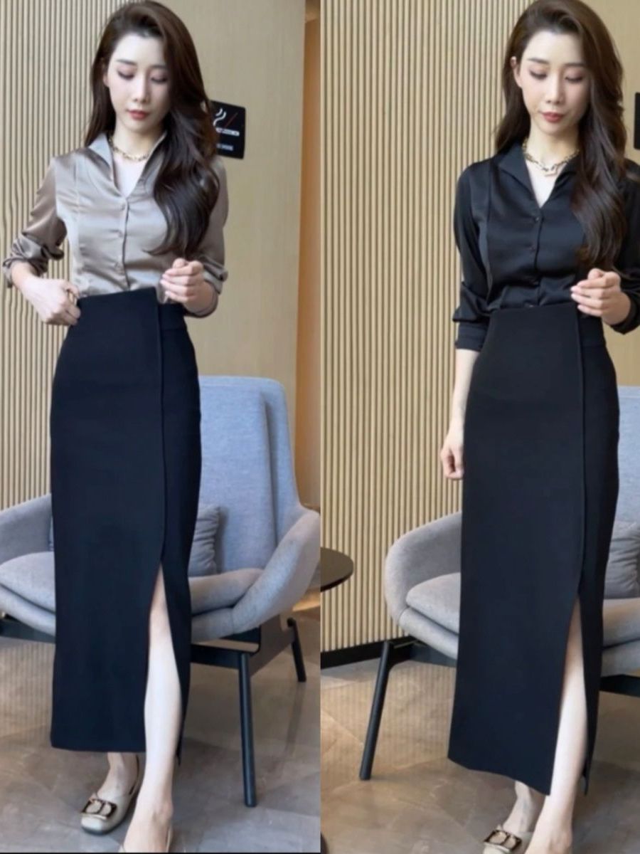 Elegant High Waist Slit Satin  - Women Fashion Over The Years recension och pris